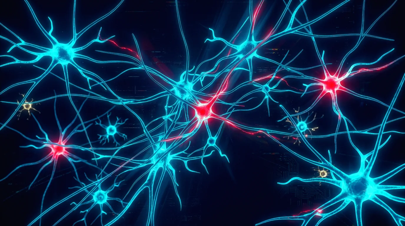 Red neuronal de sinapsis y cadenas peptidicas en cian con acentos en rojo neon y un nodo de advertencia sobre fondo oscuro, estetica AKIRA, nootropicos peptidicos.
