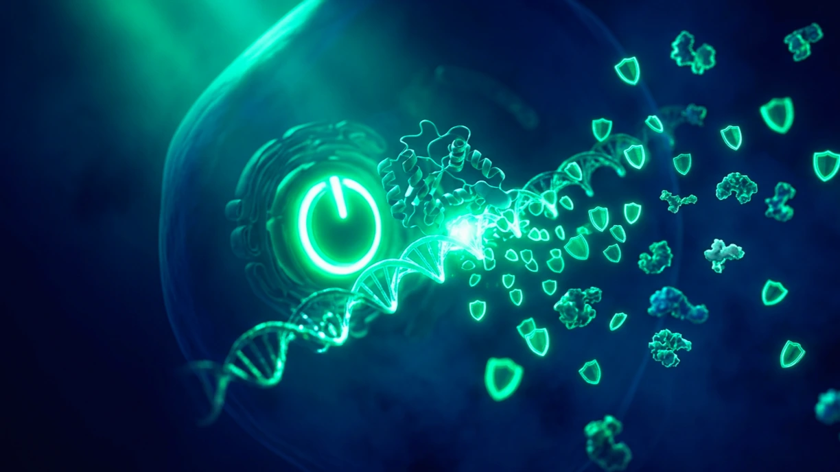 Interruptor maestro de luz verde esmeralda dentro de una célula, con un factor de transcripción acoplándose al ADN y desencadenando una cascada de defensas antioxidantes, sobre fondo oscuro.