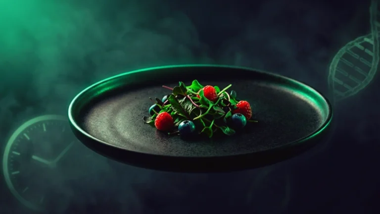 Plato oscuro casi vacío con una pequeña porción de comida densa en nutrientes iluminada en verde esmeralda, con un reloj y una hebra de ADN difuminados al fondo que evocan el tiempo y el envejecimiento.