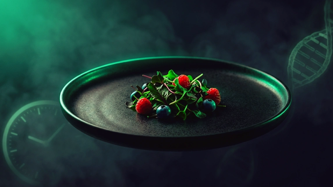 Plato oscuro casi vacío con una pequeña porción de comida densa en nutrientes iluminada en verde esmeralda, con un reloj y una hebra de ADN difuminados al fondo que evocan el tiempo y el envejecimiento.