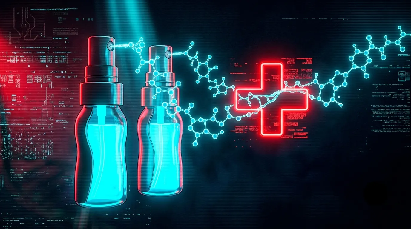 Dos frascos de spray nasal con cadenas peptidicas en cian entrelazadas y un signo mas en rojo neon con un glitch de advertencia sobre fondo oscuro, estetica AKIRA, stack Semax Selank.