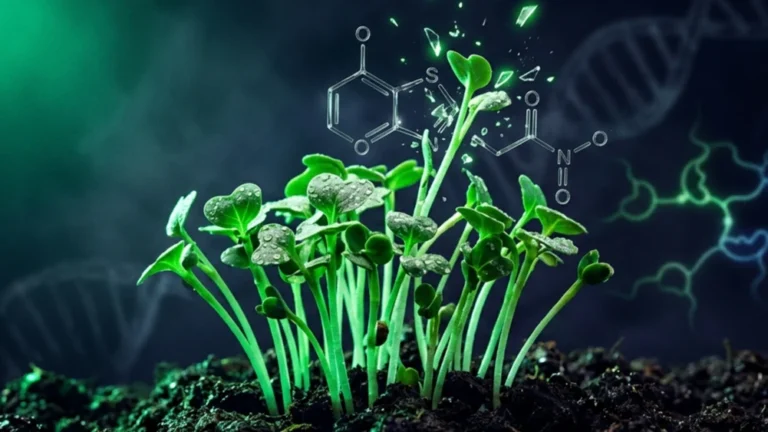 Brotes de brócoli recién germinados con tallos verde esmeralda iluminados sobre fondo oscuro, con una estructura molecular y rutas enzimáticas sugeridas al fondo que evocan la activación de las defensas antioxidantes.