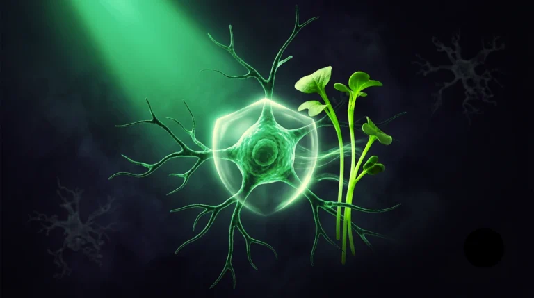 Neurona verde esmeralda con dendritas ramificadas protegida por un escudo de luz, junto a brotes de brócoli, sobre fondo oscuro, con agregados de proteína disolviéndose al fondo que evocan la protección de las defensas del cerebro.