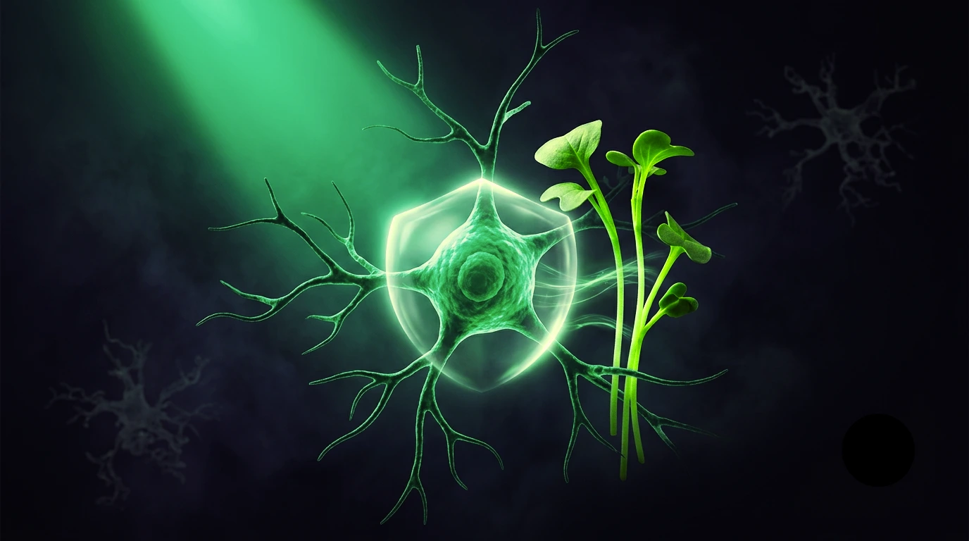 Neurona verde esmeralda con dendritas ramificadas protegida por un escudo de luz, junto a brotes de brócoli, sobre fondo oscuro, con agregados de proteína disolviéndose al fondo que evocan la protección de las defensas del cerebro.