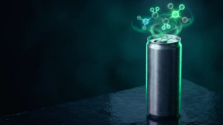 Lata de bebida sin marca sobre fondo oscuro con una molécula de taurina iluminada en verde flotando sobre la abertura.