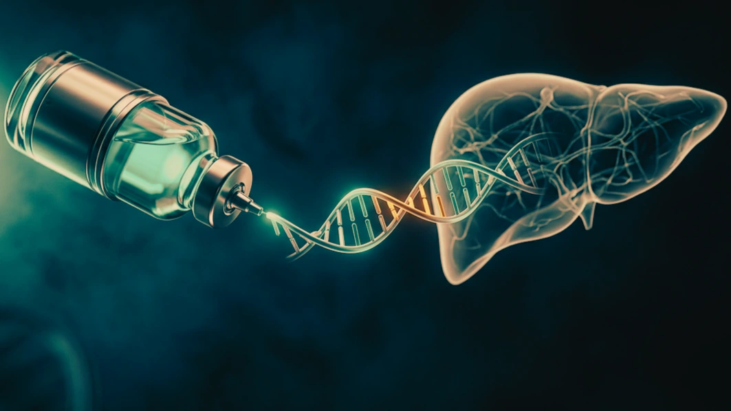 Jeringa médica futurista de la que emerge una hélice de ADN luminosa hacia un hígado estilizado, con una base genética cambiando de color, iluminación cian editorial sobre fondo oscuro.