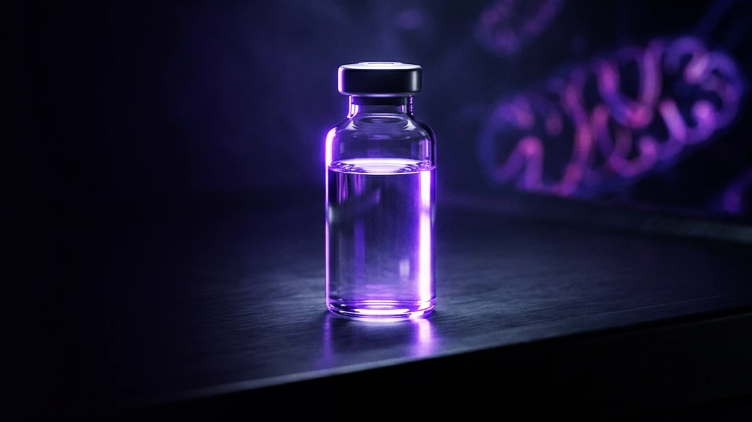 Vial de tiamina intravenosa iluminado en violeta sobre una superficie metálica oscura de UCI, con filamentos mitocondriales difusos al fondo.