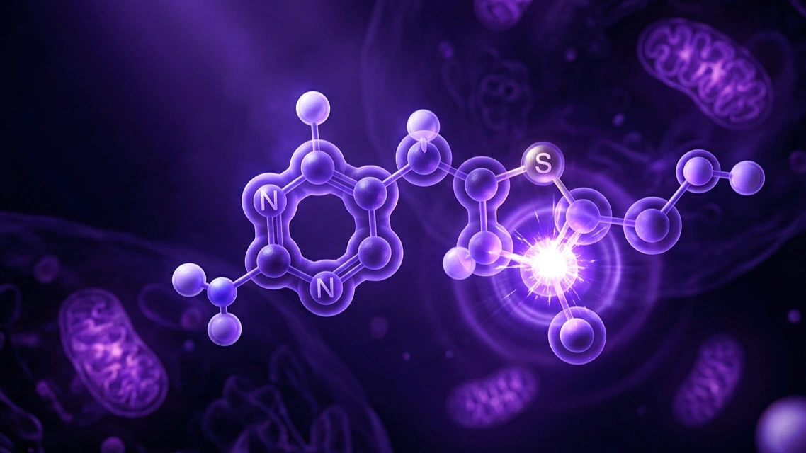 Molécula de tiamina iluminada en violeta encendiendo una chispa de energía dentro de una célula oscura con mitocondrias que brillan al fondo.