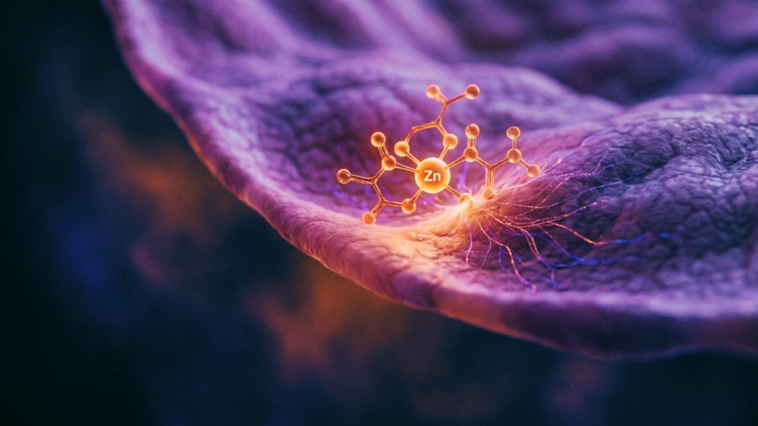 Complejo molecular ámbar de zinc unido a un dipéptido adhiriéndose a una superficie mucosa iluminada sobre fondo oscuro, que evoca un recubrimiento protector local.