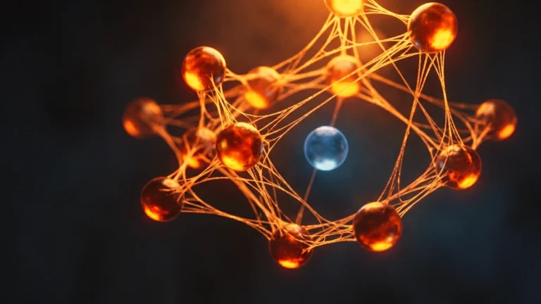 Iones de zinc representados como esferas ámbar luminosas conectadas por estructuras enzimáticas, con un ion de cobre azulado en equilibrio sobre fondo oscuro.