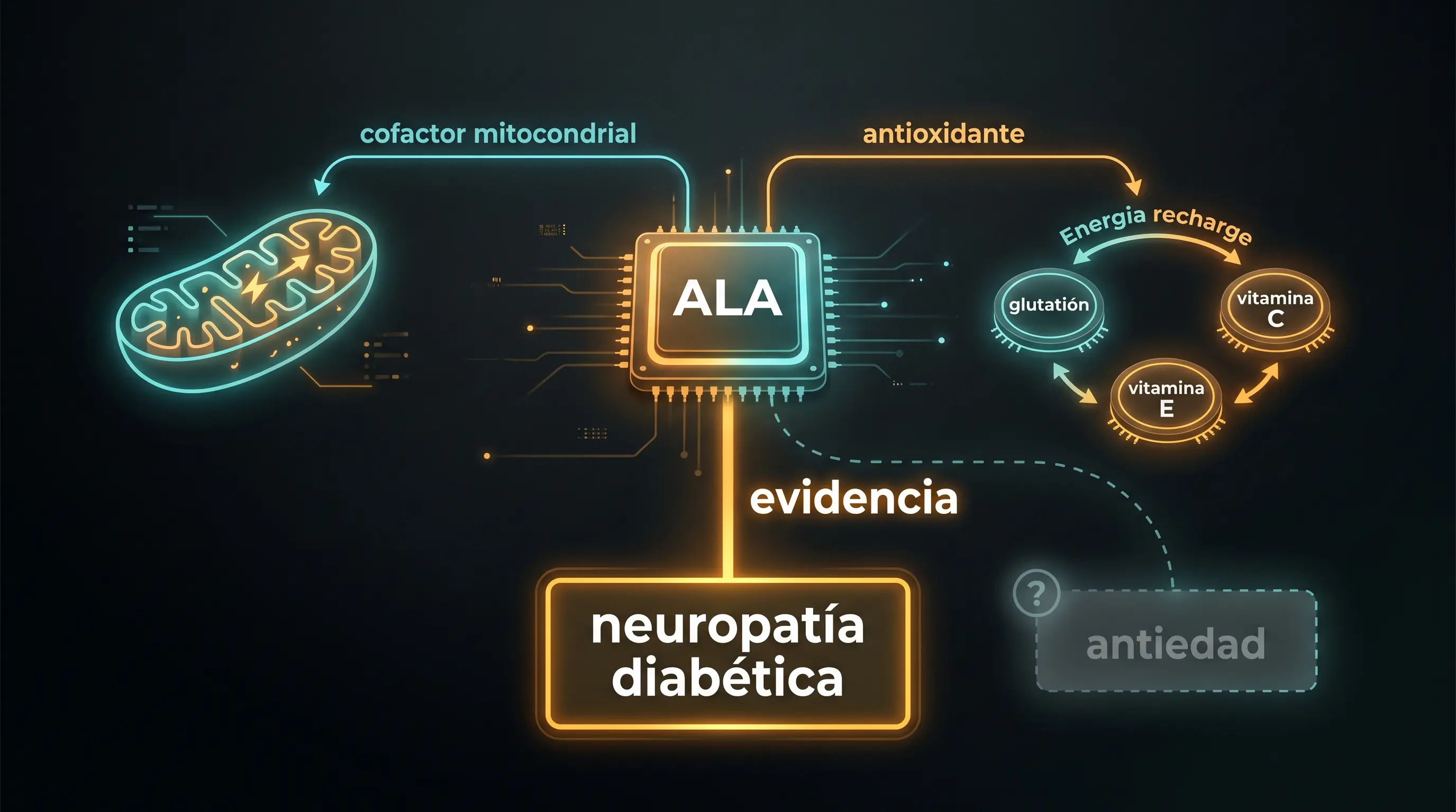 Diagrama del &aacute;cido alfa lipoico con dos ramas, cofactor mitocondrial y antioxidante que regenera glutati&oacute;n, vitamina C y vitamina E, con una conexi&oacute;n s&oacute;lida a la neuropat&iacute;a diab&eacute;tica y una conexi&oacute;n punteada a la antiedad.