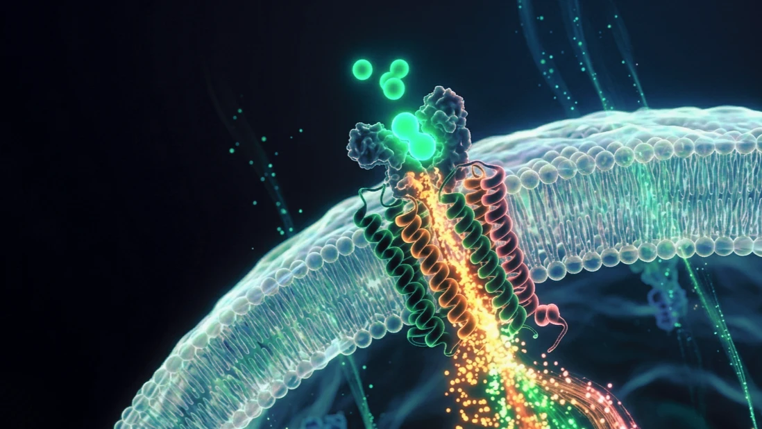 Un ligando peptídico encaja en el bolsillo de unión de un receptor de membrana, con un destello de luz verde en el punto de contacto.