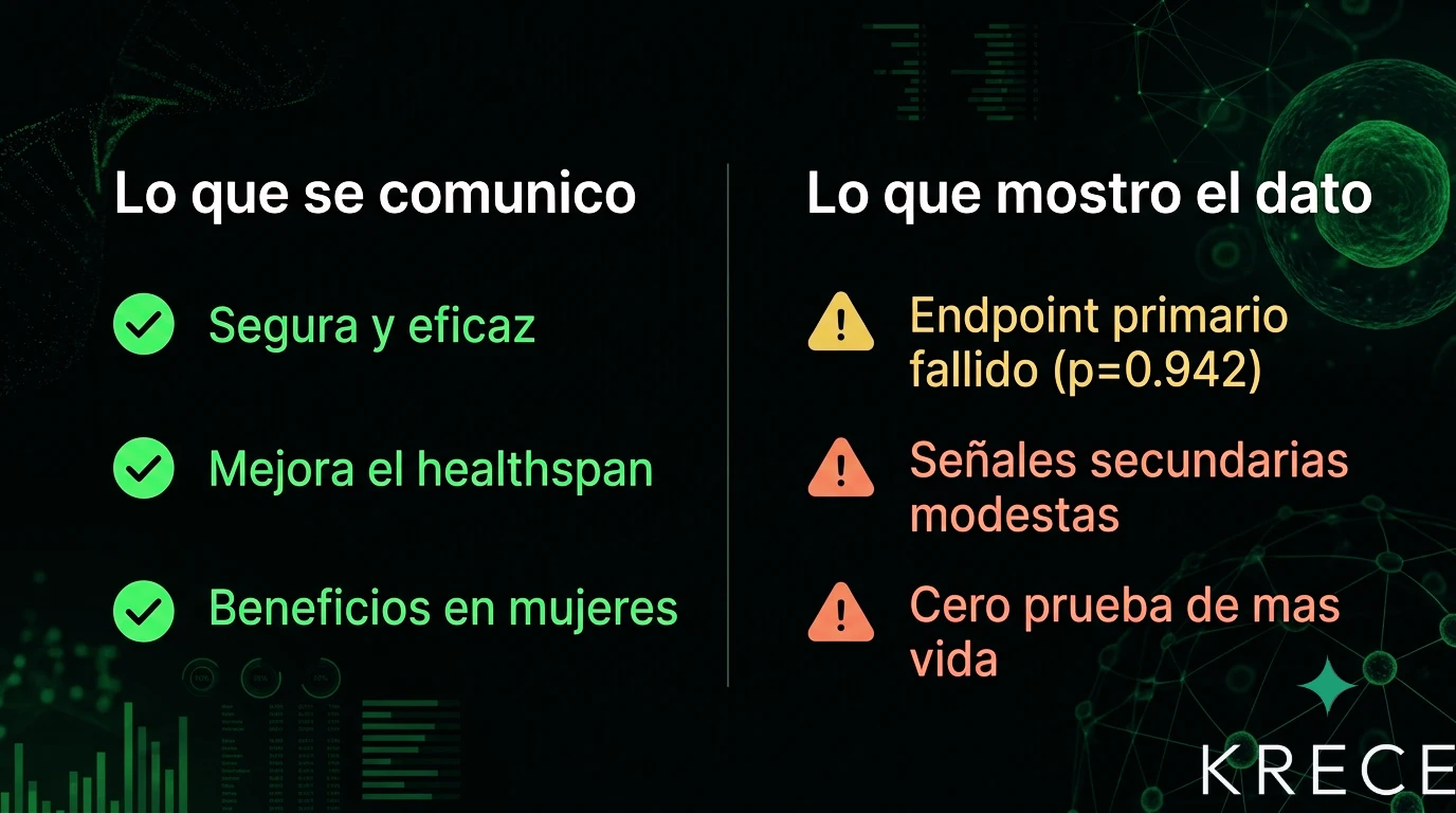 Diagrama de dos columnas que contrasta lo que AgelessRx comunicó sobre PEARL (segura y eficaz, mejora el healthspan, beneficios en mujeres) con lo que mostró el dato (endpoint primario fallido p=0.942, señales secundarias modestas, cero prueba de más vida).