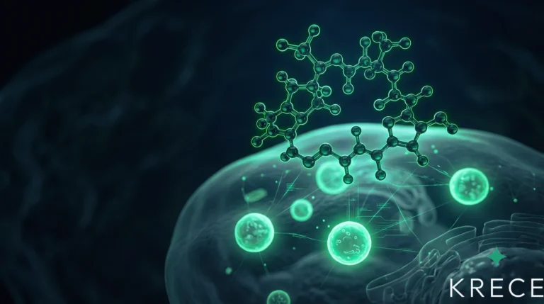 Estructura molecular abstracta de rapamicina sobre el interior de una célula con vesículas de autofagia verdes, símbolo del eje mTOR y la longevidad, sobre fondo oscuro.
