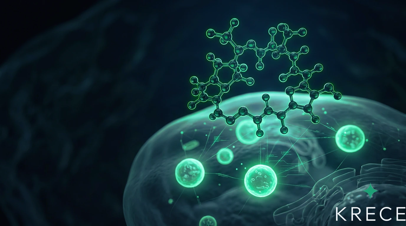 Estructura molecular abstracta de rapamicina sobre el interior de una célula con vesículas de autofagia verdes, símbolo del eje mTOR y la longevidad, sobre fondo oscuro.