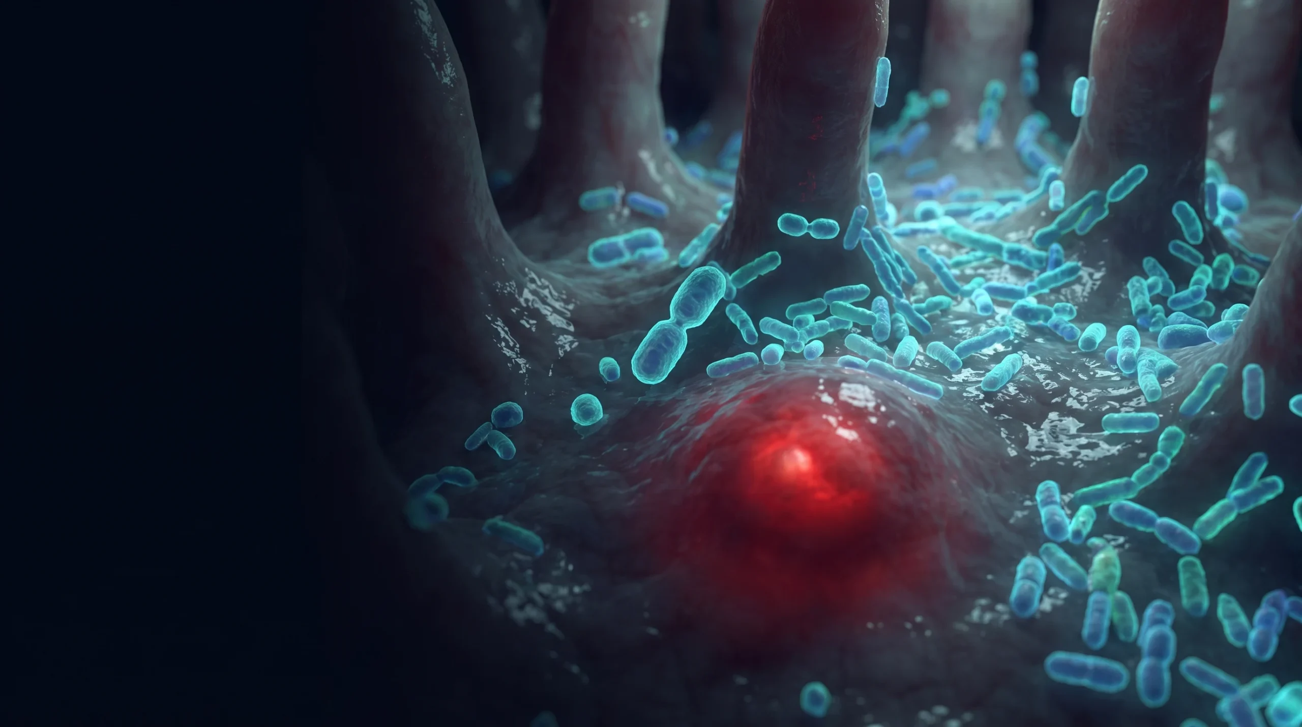 Ilustración de la mucosa intestinal colonizada por una comunidad bacteriana diversa, el efecto que los alimentos fermentados mostraron en el ensayo de Stanford.
