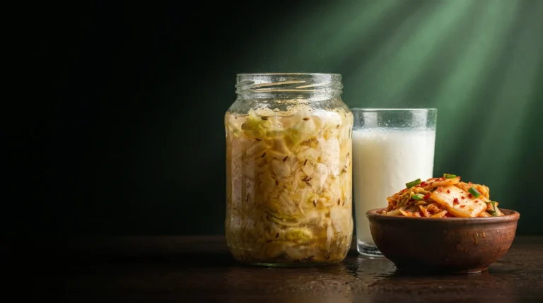 Tarro de chucrut, vaso de kéfir y kimchi iluminados con un brillo verde sobre fondo oscuro, evocando el efecto de los alimentos fermentados sobre la microbiota.