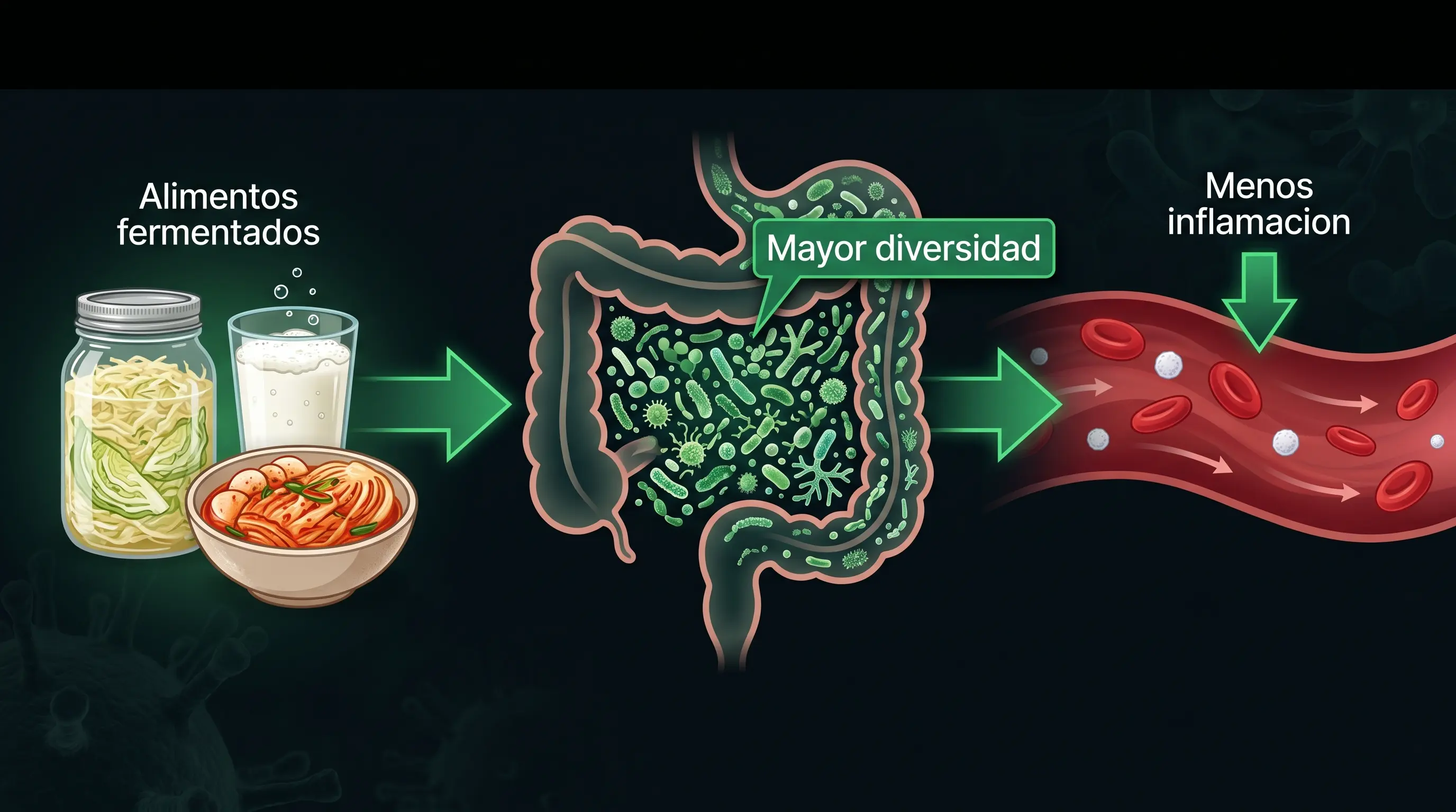 Diagrama de cómo los alimentos fermentados aumentan la diversidad de la microbiota intestinal y se asocian a una bajada de la inflamación.