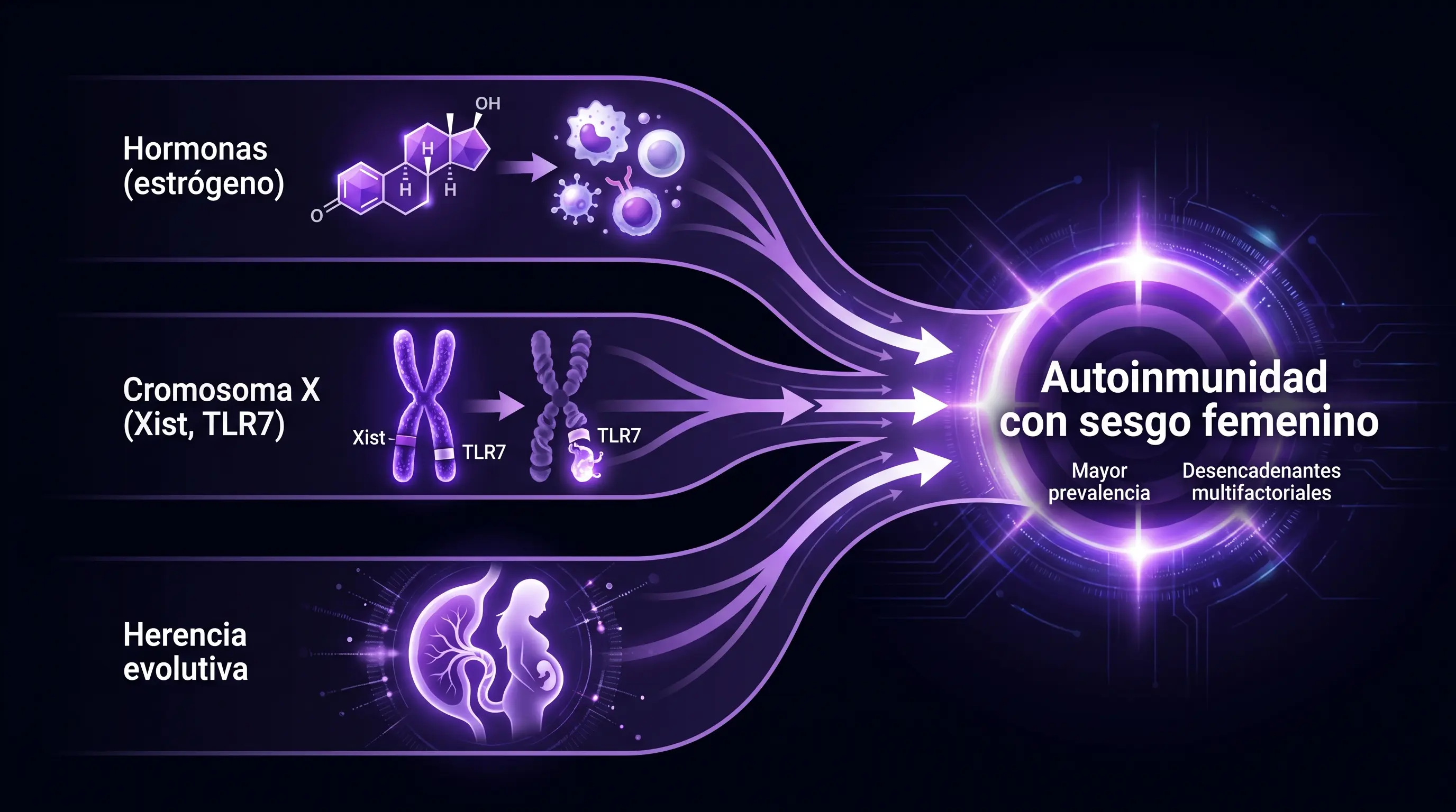 Diagrama de las tres vías que convergen en la autoinmunidad sesgada por sexo: hormonas con el estrógeno, el cromosoma X con Xist y TLR7, y la herencia evolutiva ligada al embarazo.