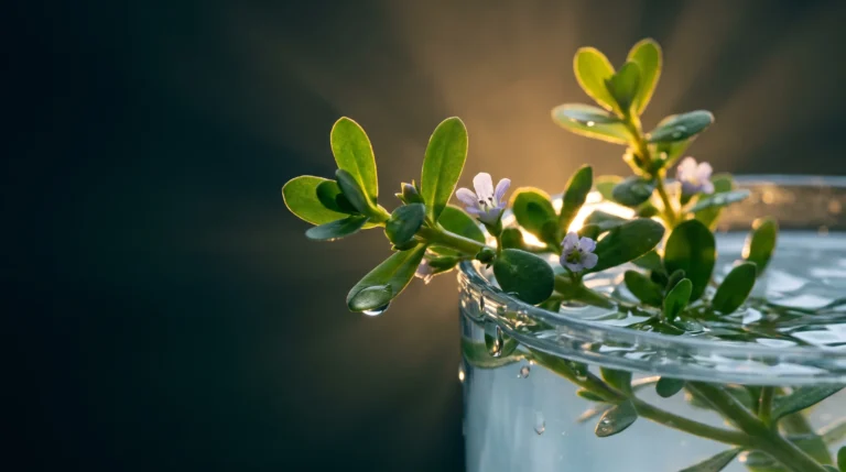 Planta de Bacopa monnieri con hojas ovaladas y flores blancas semisumergida en agua sobre fondo oscuro.