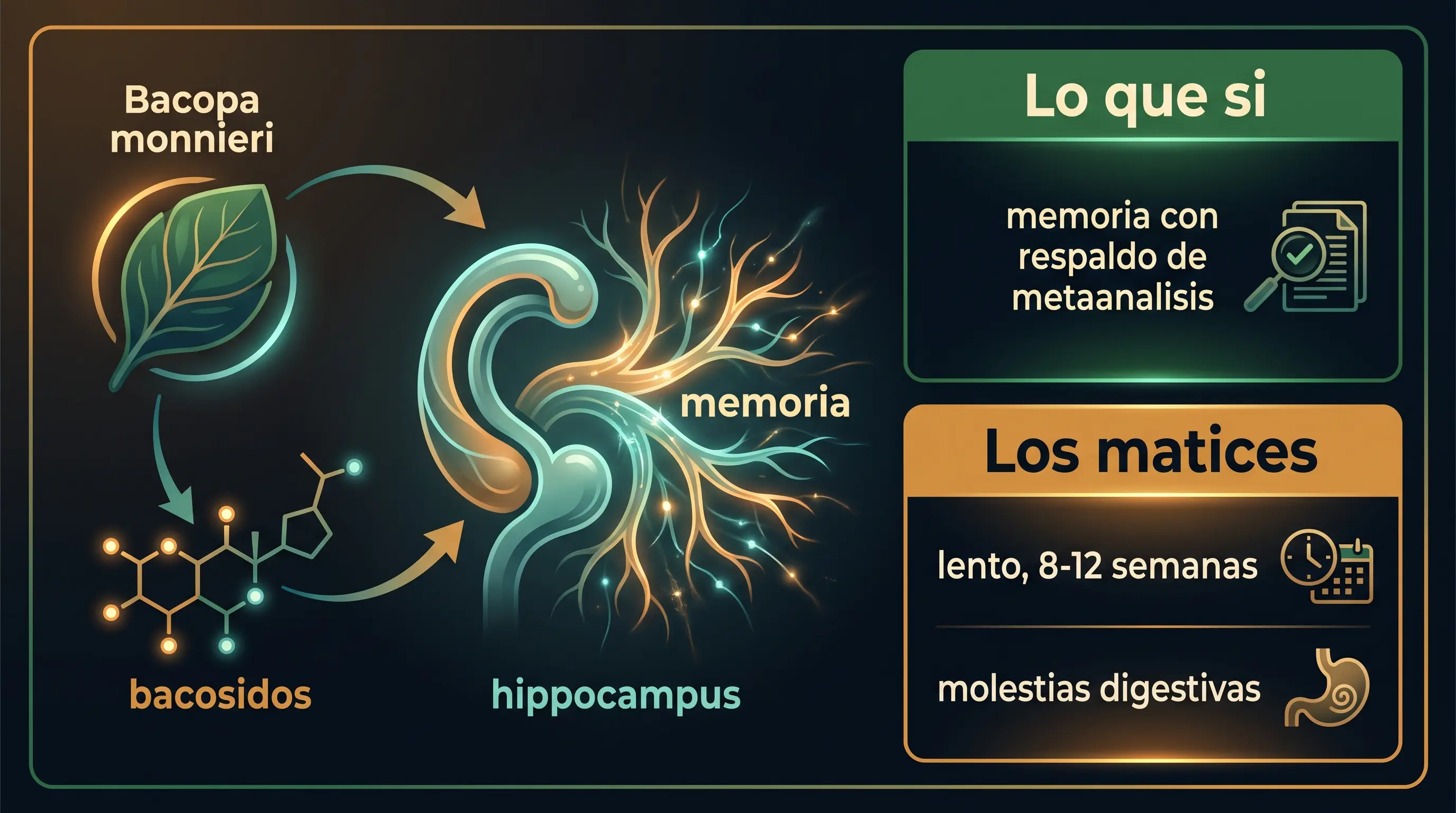 Diagrama de la Bacopa: los bacósidos actúan sobre el hipocampo y la memoria, con respaldo de metaanálisis, pero el efecto es lento y puede dar molestias digestivas.
