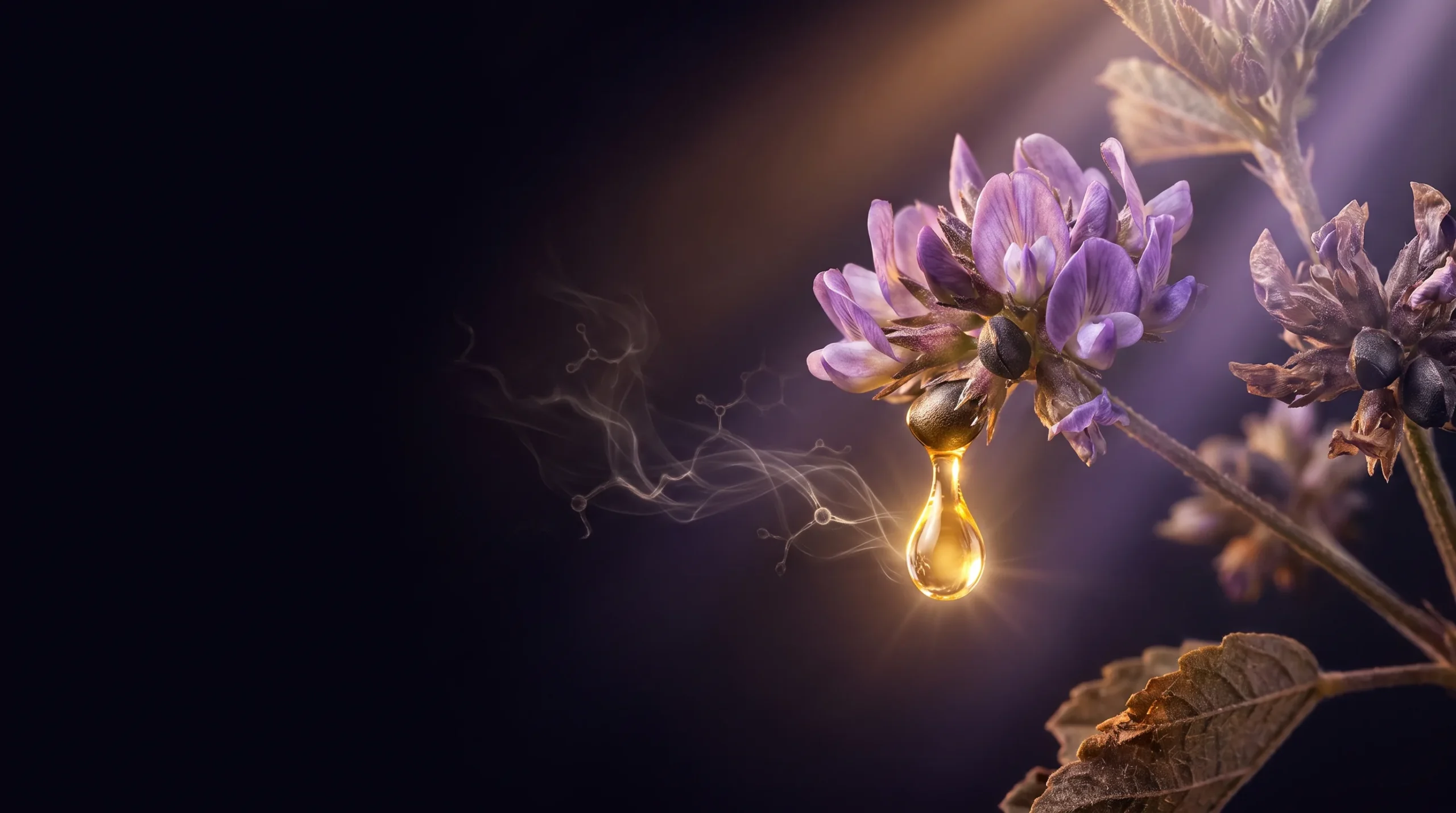 Semillas y flores de la planta babchi sobre fondo oscuro con una gota de aceite luminosa, el origen vegetal del bakuchiol, alternativa al retinol.