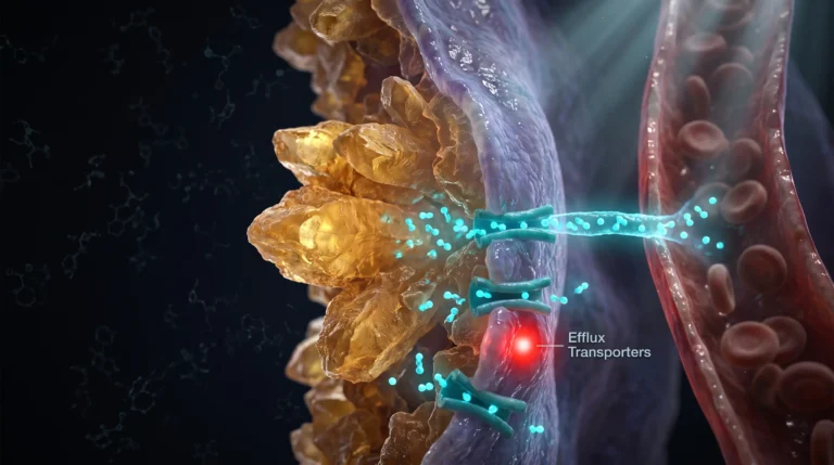 Ilustración molecular de la berberina cruzando la membrana intestinal, con la mayor parte del alcaloide sin absorberse y los transportadores de expulsión activos.