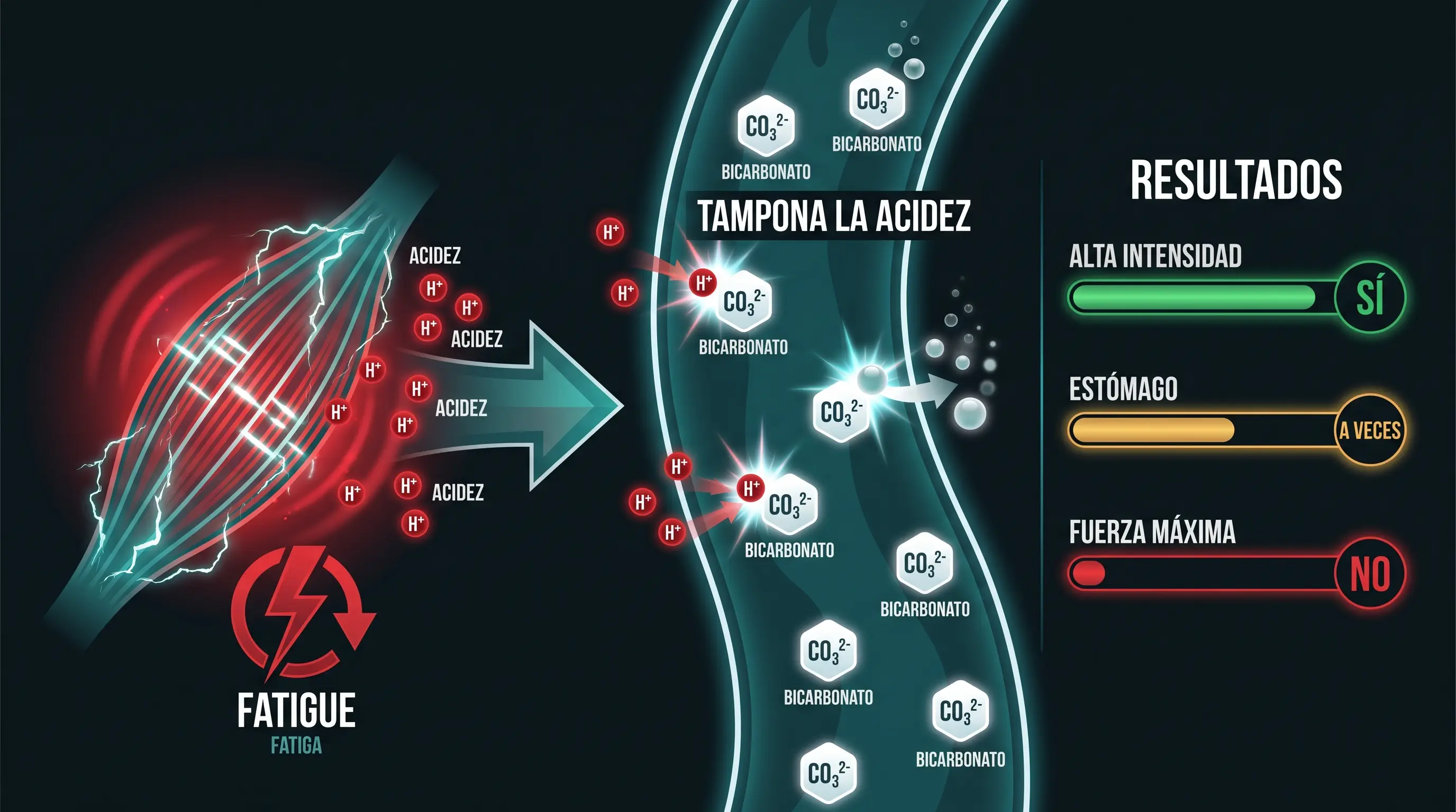 Diagrama que muestra cómo el músculo libera acidez en el esfuerzo intenso y el bicarbonato la tampona en la sangre, junto a barras que indican que mejora la alta intensidad, a veces sienta mal al estómago y no sirve para la fuerza máxima.