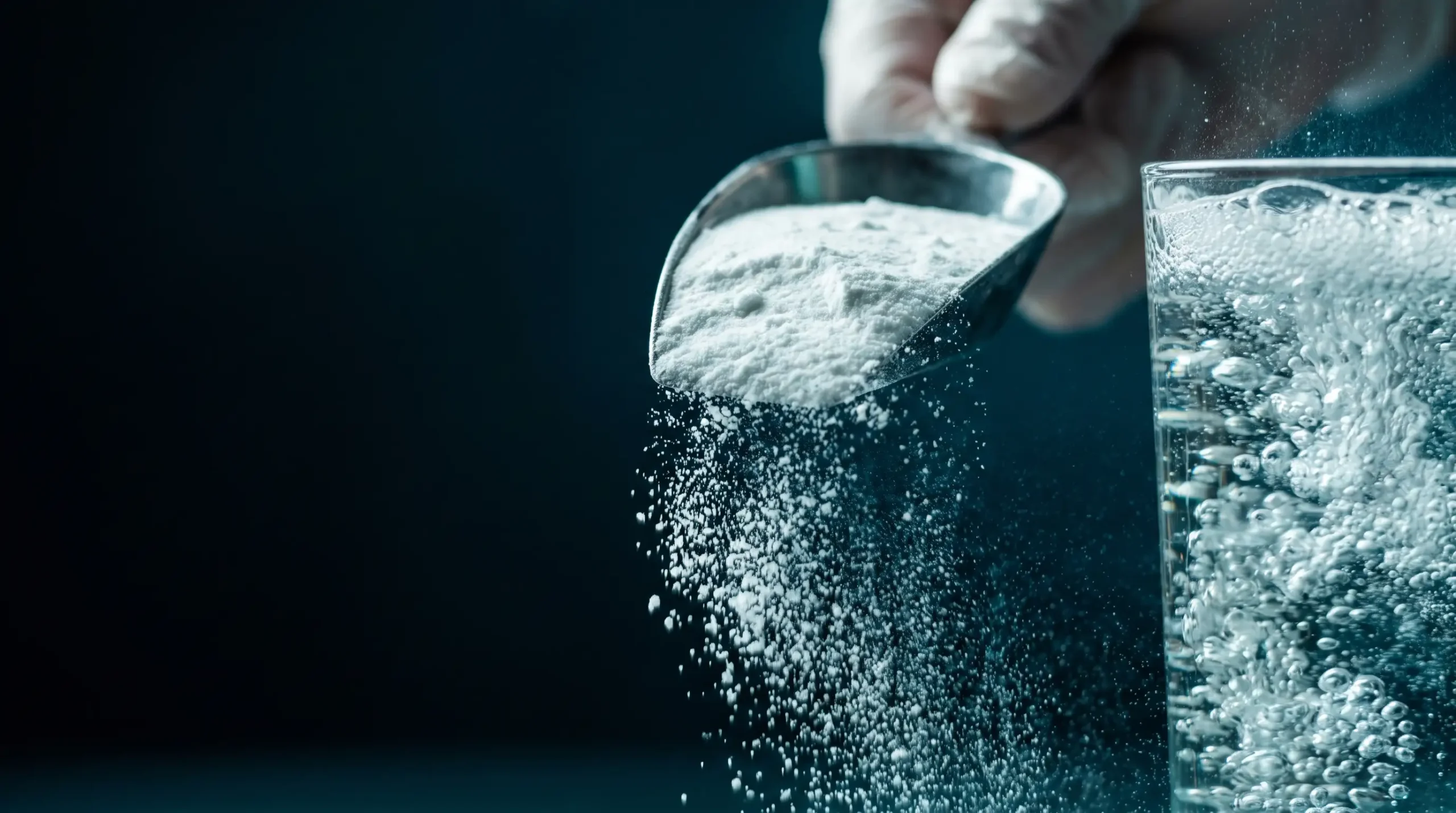 Polvo blanco de bicarbonato sódico suspendido en una luz dramática junto a un vaso de agua con burbujas, que evoca su uso como tampón para el rendimiento de alta intensidad.