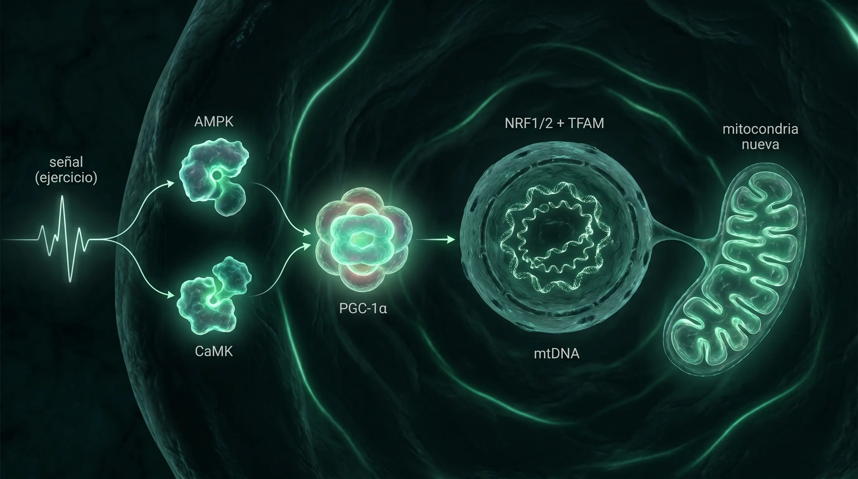 Diagrama de la cascada de la biog&eacute;nesis mitocondrial: una se&ntilde;al activa AMPK y CaMK, que activan PGC-1&alpha;, que coordina NRF1, NRF2 y TFAM para replicar el ADN mitocondrial y formar una mitocondria nueva.