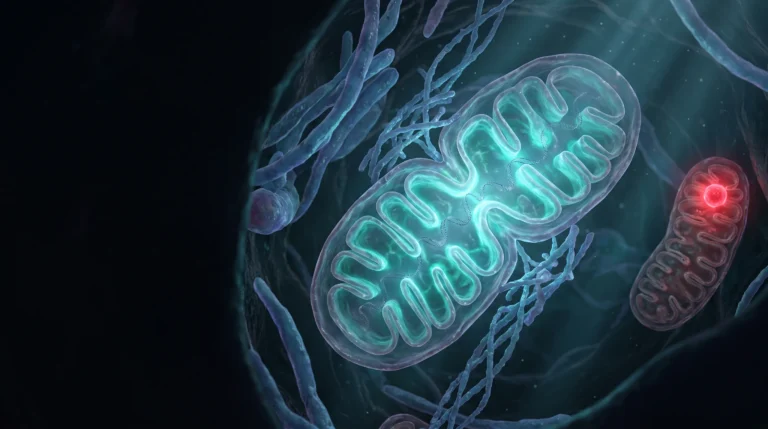 Una mitocondria creciendo y dividiéndose dentro de una célula muscular, iluminada en cian, ilustrando la biogénesis mitocondrial.