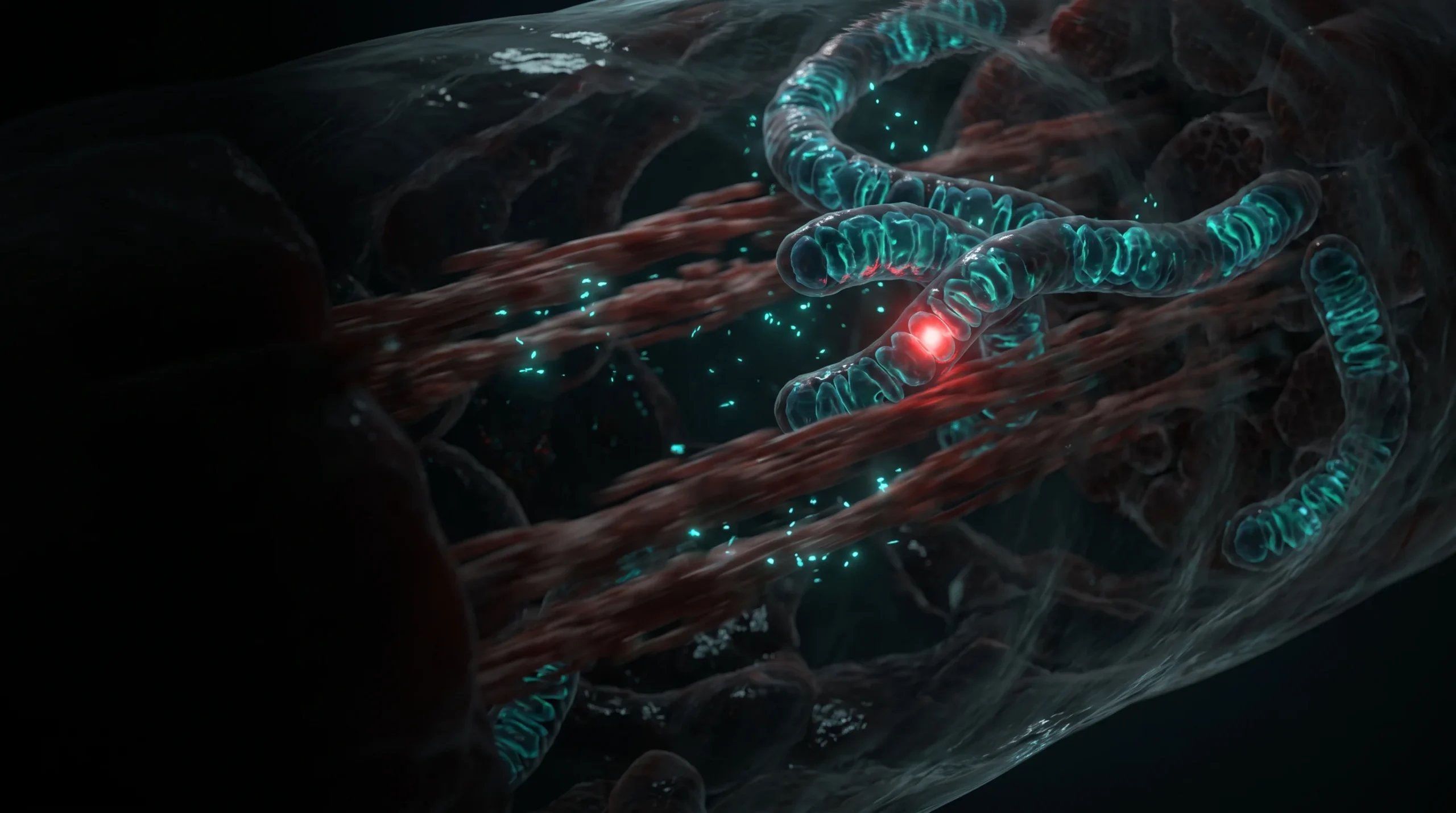 Interior de una fibra muscular en esfuerzo con mitocondrias en red iluminadas en cian, ilustrando la biogénesis mitocondrial inducida por el ejercicio.