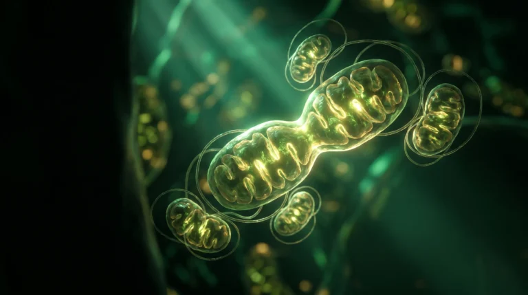 Mitocondrias dividiéndose y multiplicándose dentro de una célula, con nuevas mitocondrias más pequeñas formándose alrededor, sobre fondo oscuro de tono verde.