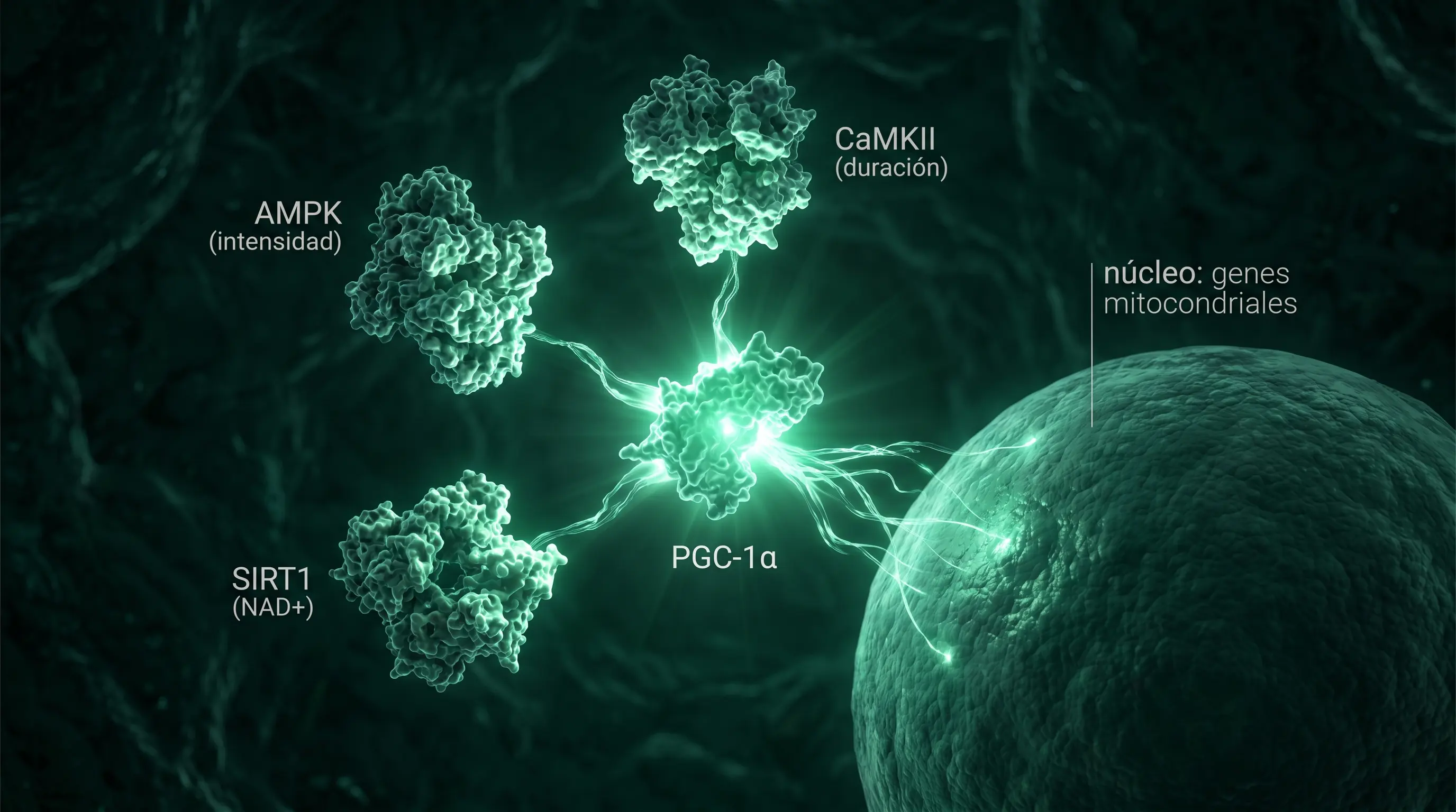 Diagrama de los tres sensores del ejercicio, AMPK sensible a la intensidad, CaMKII a la duración y SIRT1 al NAD, convergiendo sobre PGC-1α para activar los genes mitocondriales.