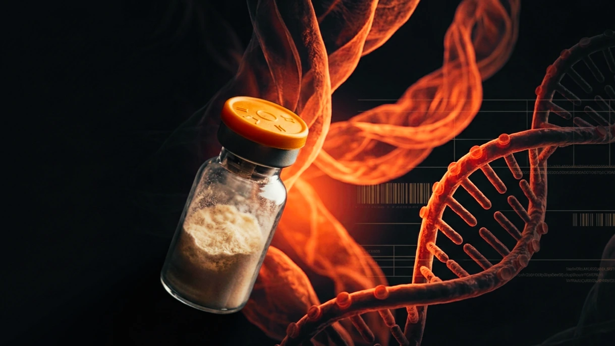 Vial peptídico nítido frente a una fibra de tendón inflamado en rojo coral sobre fondo índigo, símbolo del estatus regulatorio del BPC-157 en España