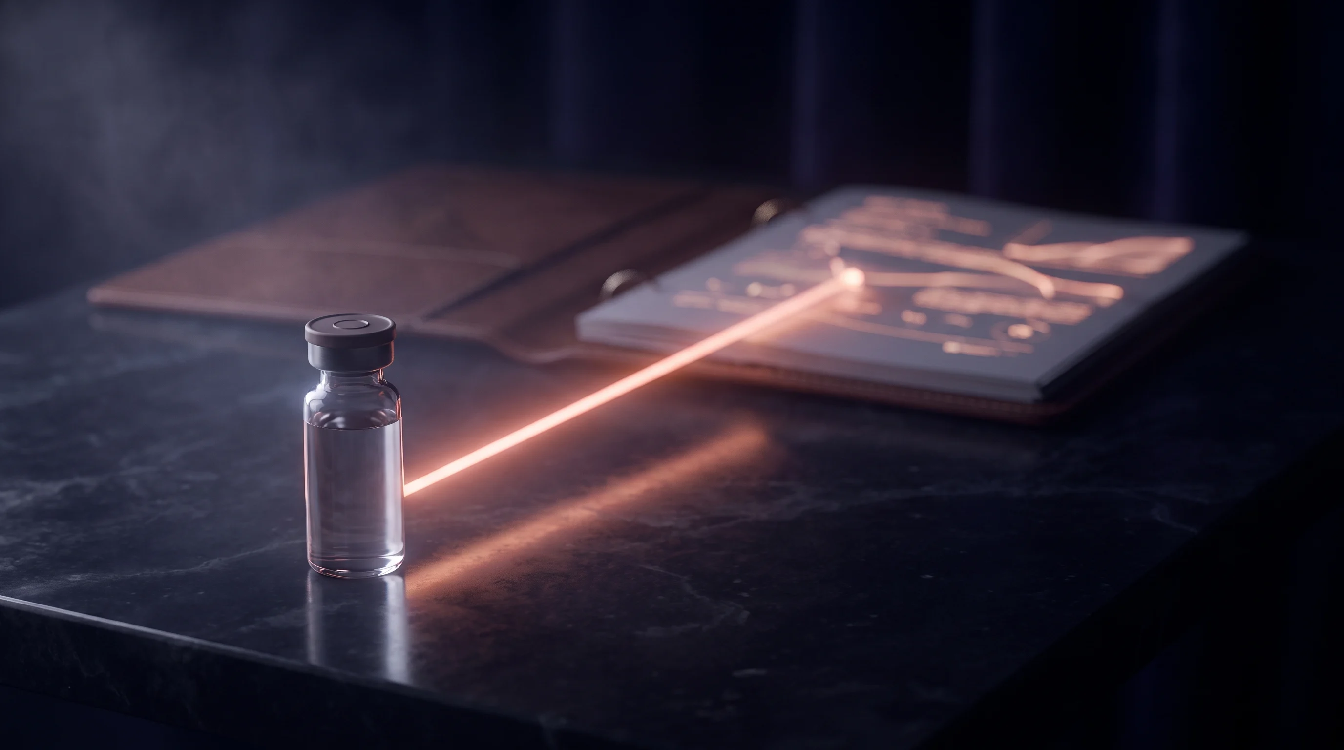 Vial farmac&eacute;utico sellado conectado por una l&iacute;nea de luz a un dossier, que ilustra la trazabilidad documental de la cadena GMP desde la planta hasta el paciente.