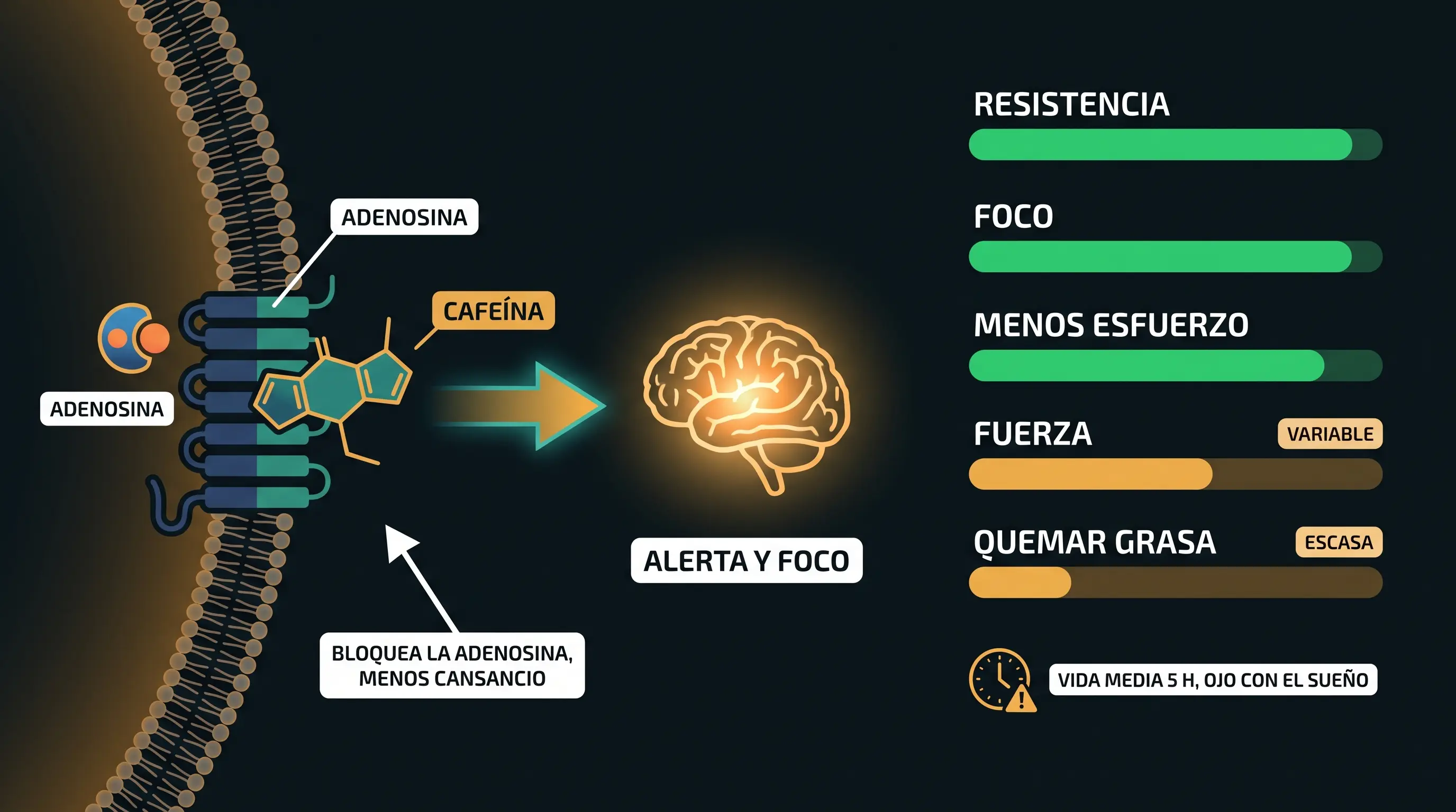 Diagrama en el que la cafeína bloquea el receptor de adenosina y reduce el cansancio, lo que mejora la alerta y el foco, con barras que muestran un efecto sólido en resistencia y foco, variable en fuerza y escaso en quemar grasa, y un aviso sobre su vida media de cinco horas y el sueño.