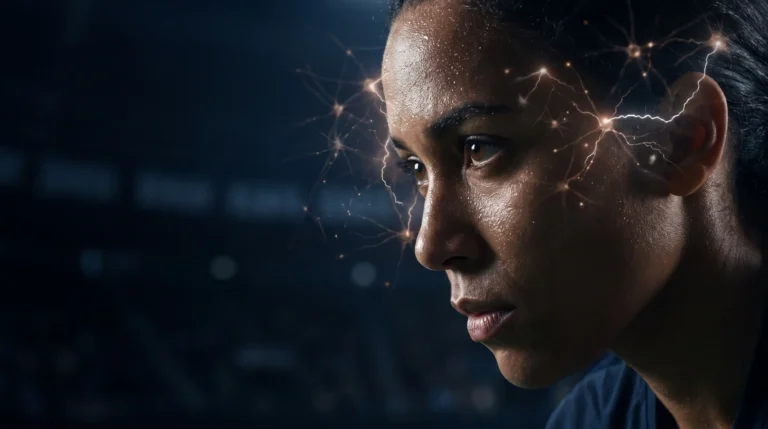 Atleta con la mirada concentrada y llena de energía justo antes de un esfuerzo intenso, con destellos de alerta neuronal a su alrededor que sugieren la activación que produce la cafeína.