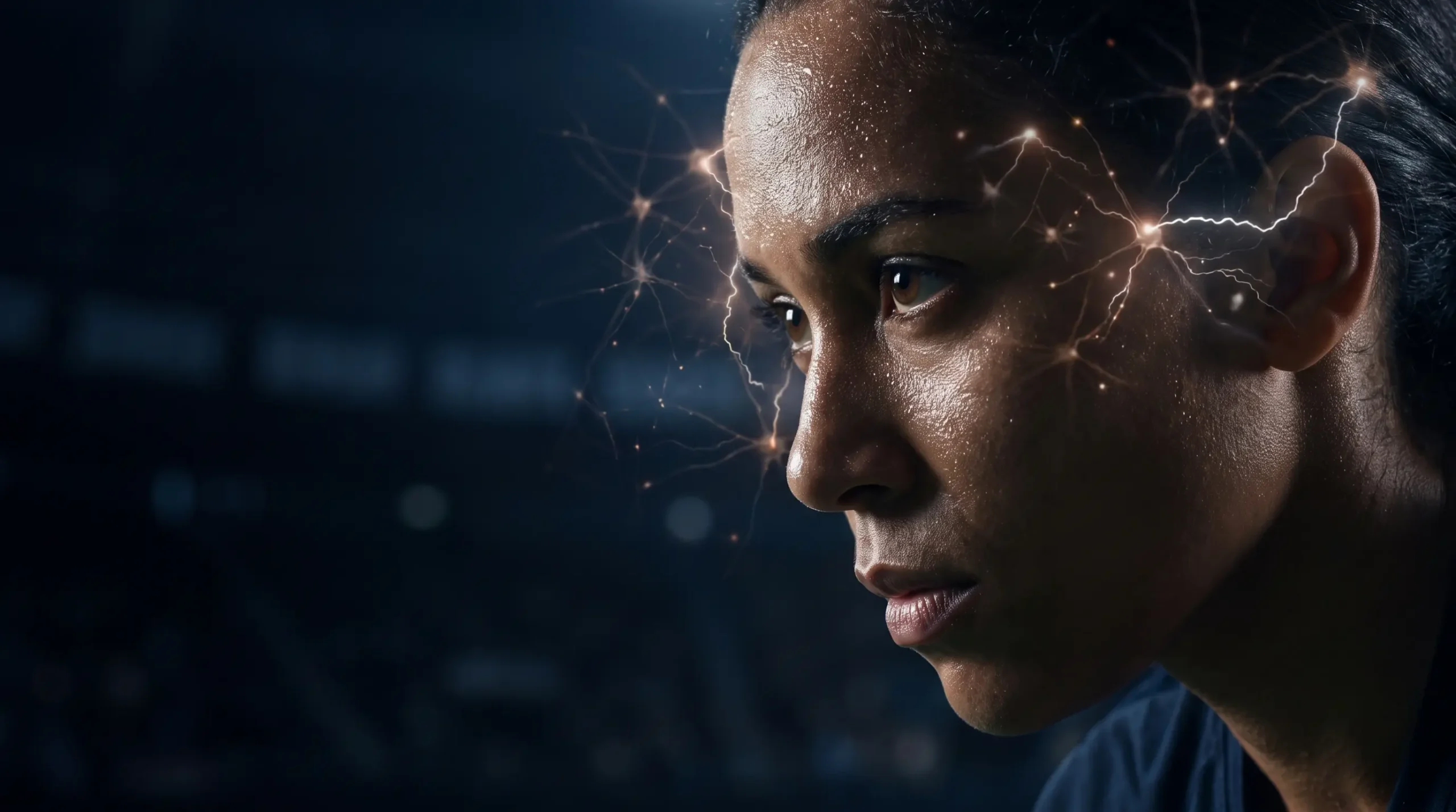 Atleta con la mirada concentrada y llena de energía justo antes de un esfuerzo intenso, con destellos de alerta neuronal a su alrededor que sugieren la activación que produce la cafeína.