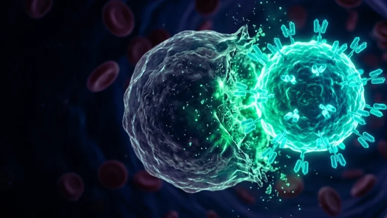 Linfocito T con receptor de antígeno quimérico (CAR-T) atacando una célula diana en el interior de un vaso sanguíneo.