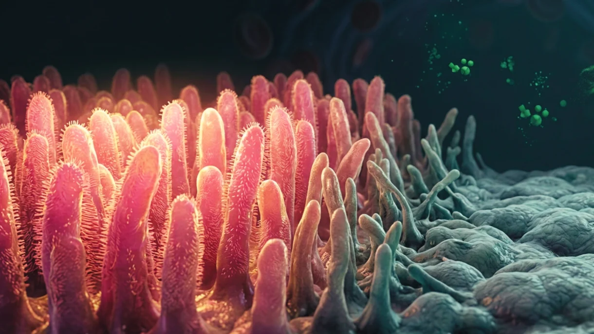Vellosidades intestinales sanas y altas que se aplanan progresivamente hasta una mucosa atrofiada, ilustrando el daño de la celiaquía.