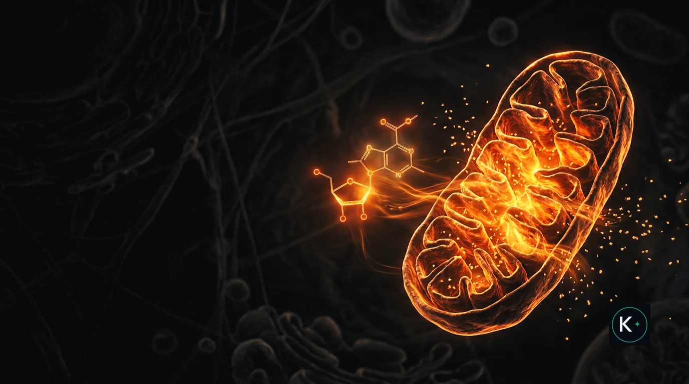 Molécula de NAD+ luminosa alimentando una mitocondria de tonos ámbar sobre fondo oscuro, símbolo del metabolismo energético celular.
