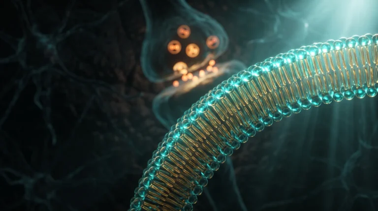 Fosfolípidos dorados ensamblándose en una membrana neuronal junto a una sinapsis, en el interior del cerebro.