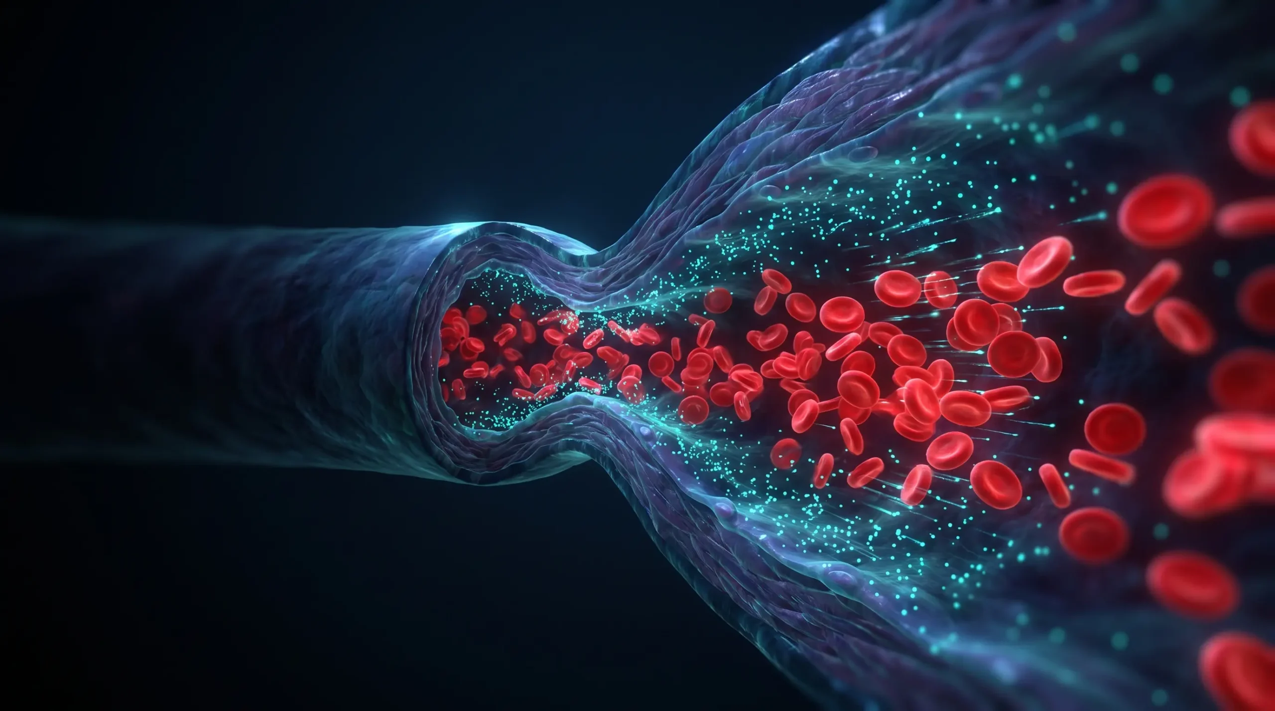 Interior de un vaso sanguíneo que se dilata y deja pasar un flujo intenso de glóbulos rojos, con partículas de óxido nítrico que provocan la apertura.