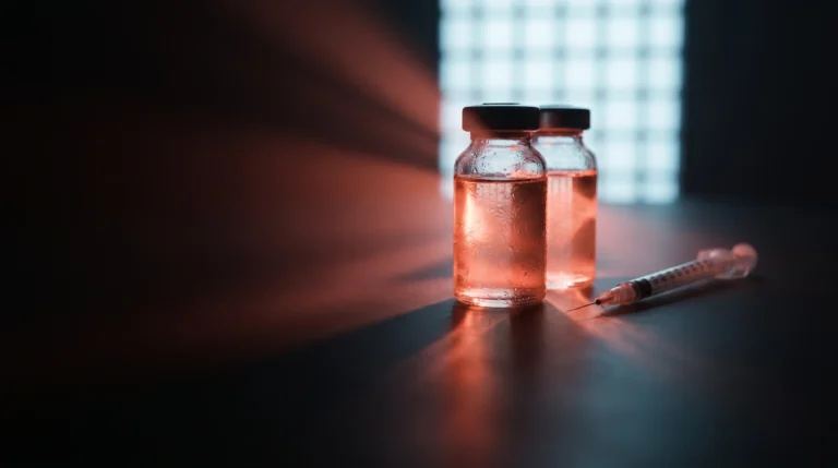 Dos viales de solución peptídica con brillo coral y una jeringa fina sobre fondo oscuro, con una rejilla de luz detrás que sugiere la barrera regulatoria del CJC-1295 y la ipamorelina.