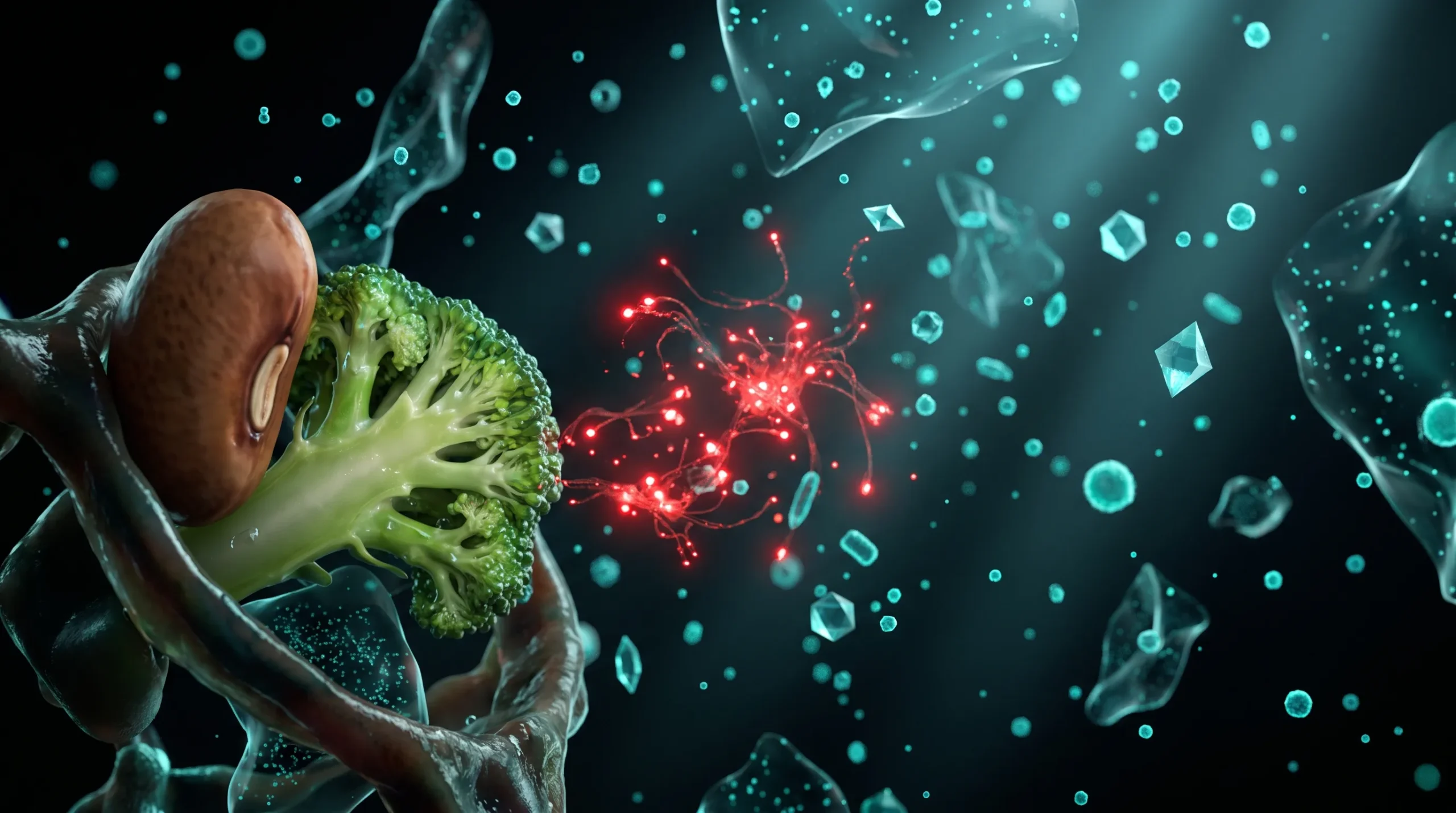 Ilustración molecular de la comida ultraprocesada, con una formulación industrial disgregándose en aditivos frente a un alimento entero que conserva su estructura.
