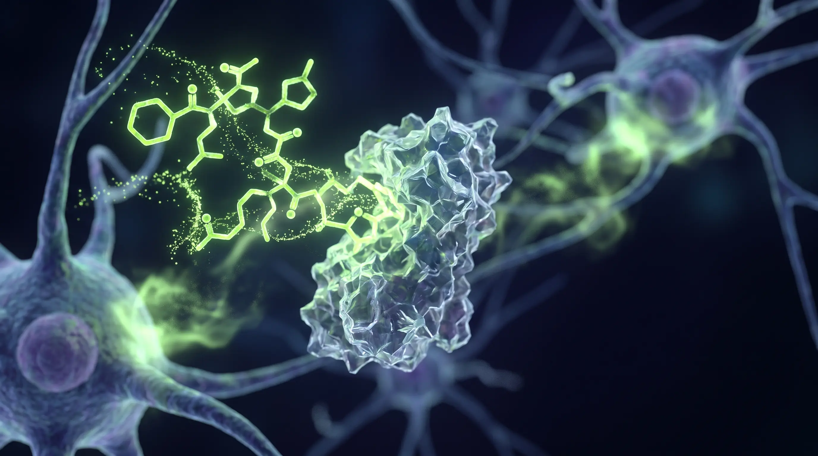 Visualización de un péptido GLP-1 uniéndose a un receptor en el centro del apetito del cerebro, que representa cómo estos fármacos suprimen el hambre.