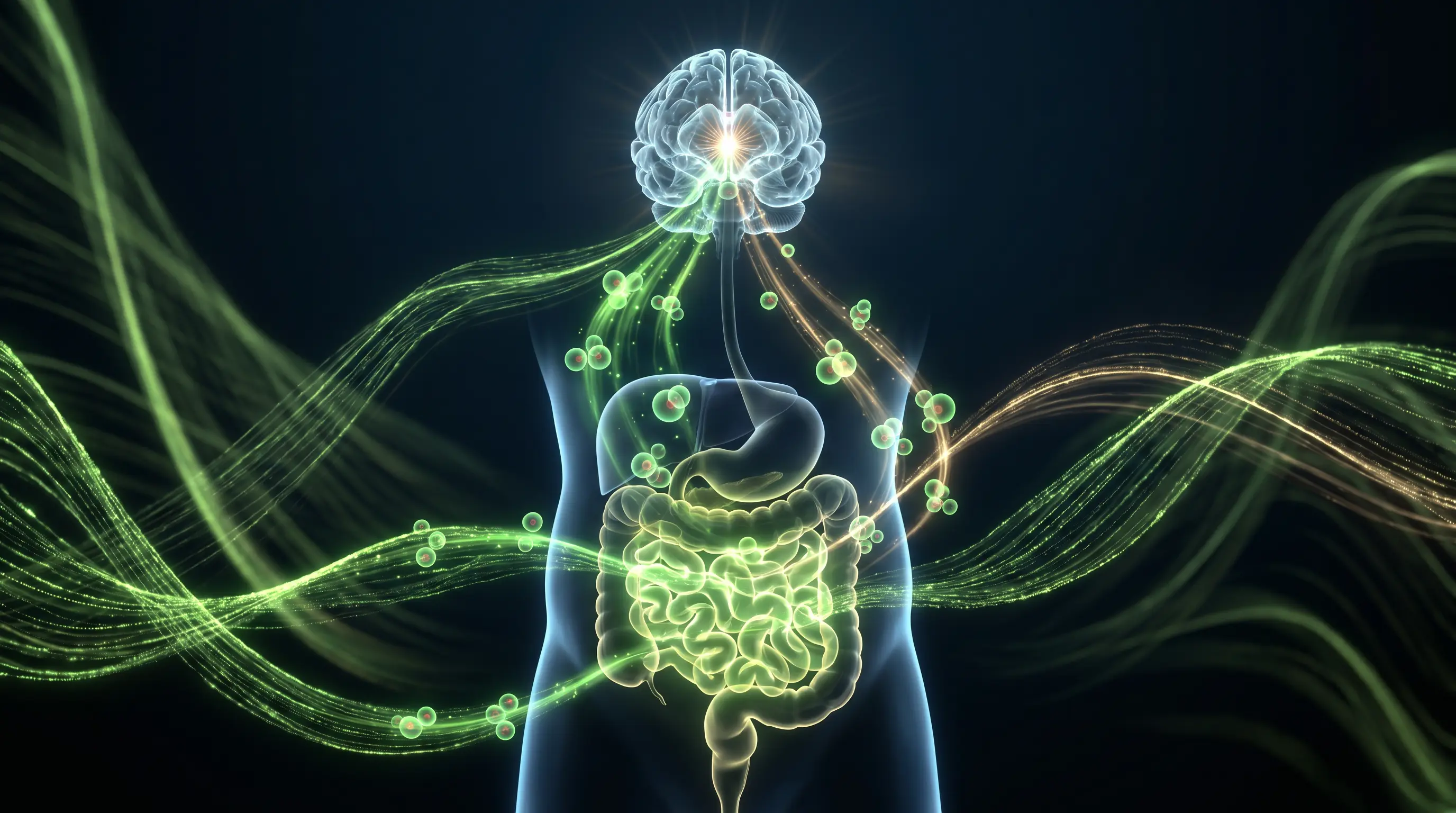 Visualización abstracta de moléculas hormonales viajando del intestino al cerebro, que representa la grelina del hambre y las señales de saciedad como GLP-1 y leptina.