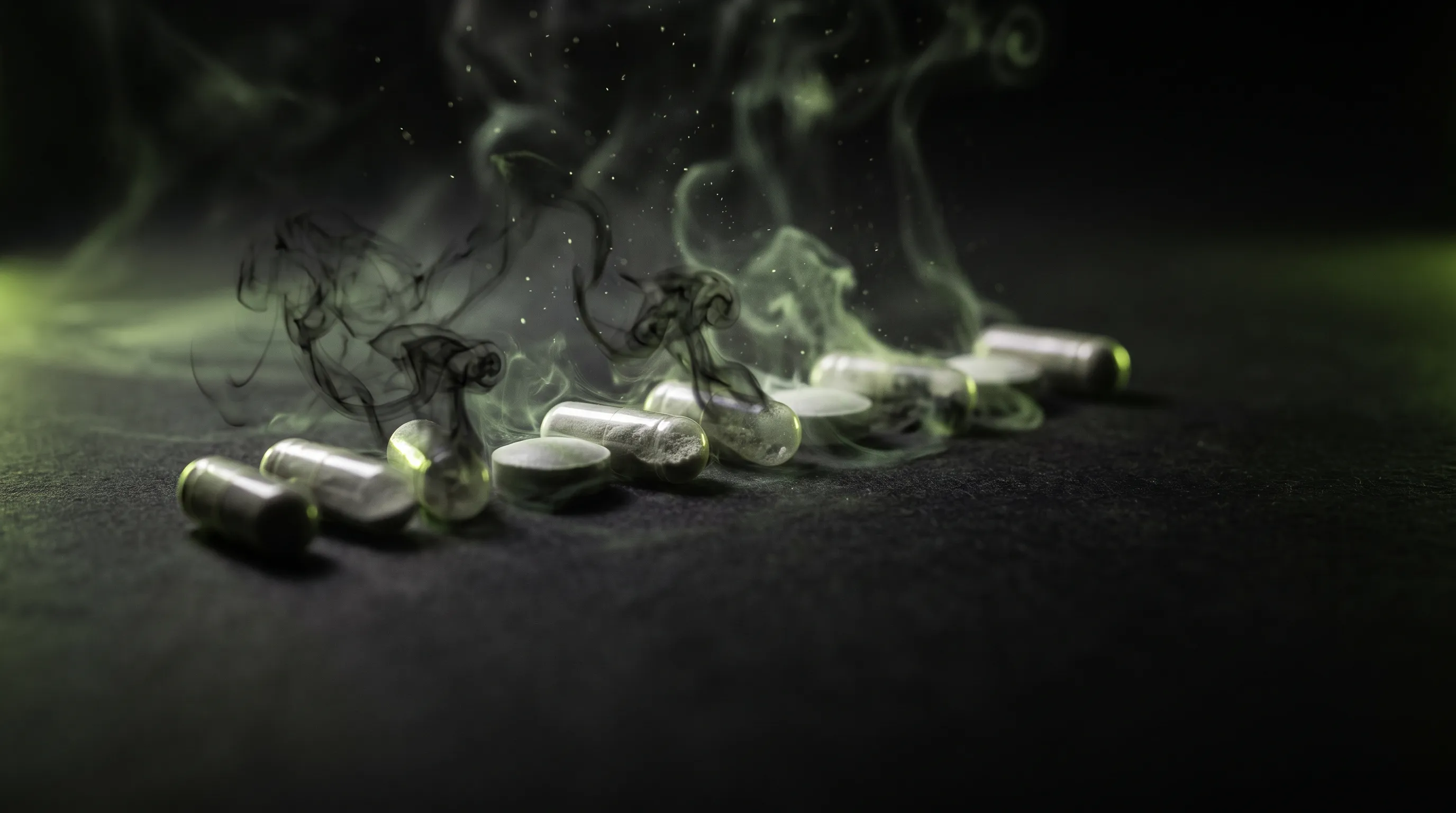Visualización conceptual de cápsulas de suplemento deshaciéndose en humo, que representa las promesas vacías de los quemagrasas para adelgazar.