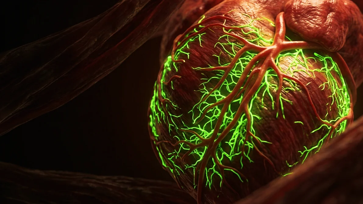 Corazón con las arterias coronarias grandes limpias y la red de microvasos coronarios iluminada en verde, sobre fondo oscuro.